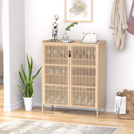 Bamboonova Shoe Cabinet, 20 Pair Farmhouse Shoe Organizer Cabinet, Freestanding Bamboo Wood Shoe Storage Cabinet with Grille Doors, 5-Tier Narrow Shoe Rack Cabinet Closet for Entryway Hallway, Natural Bamboonova