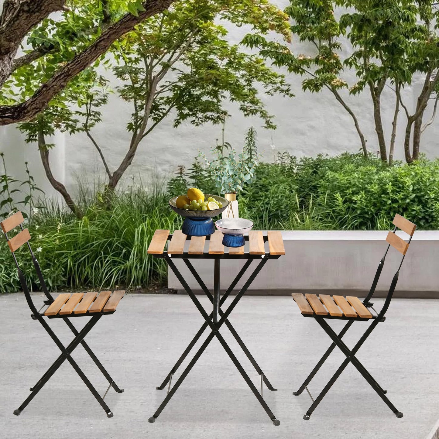 3 Pieces Bistro Set Outdoor Furniture Sets 2 Folding Chairs and Table Steel Frames and Weather-Resistant Wood Portable Design for Bistro & Balcony (Natural) - WoodArtSupply