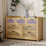Rattan Dresser for Bedroom with LED Lights, Modern Drawer Dresser with Metal Handles, Wood Storage Chest of Drawers Dresser for Closet, Bedroom, Living Room, Hallway MSmask