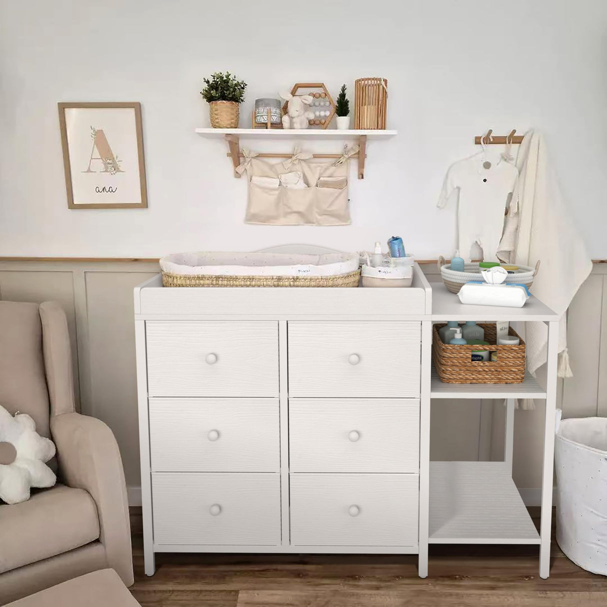 BOLUO Baby Dresser with Changing Table Top, White Changing Table Dresser with 6 Fabric Drawers Diaper Changing Station with Storage Shelf for Nursery Modern BOLUO