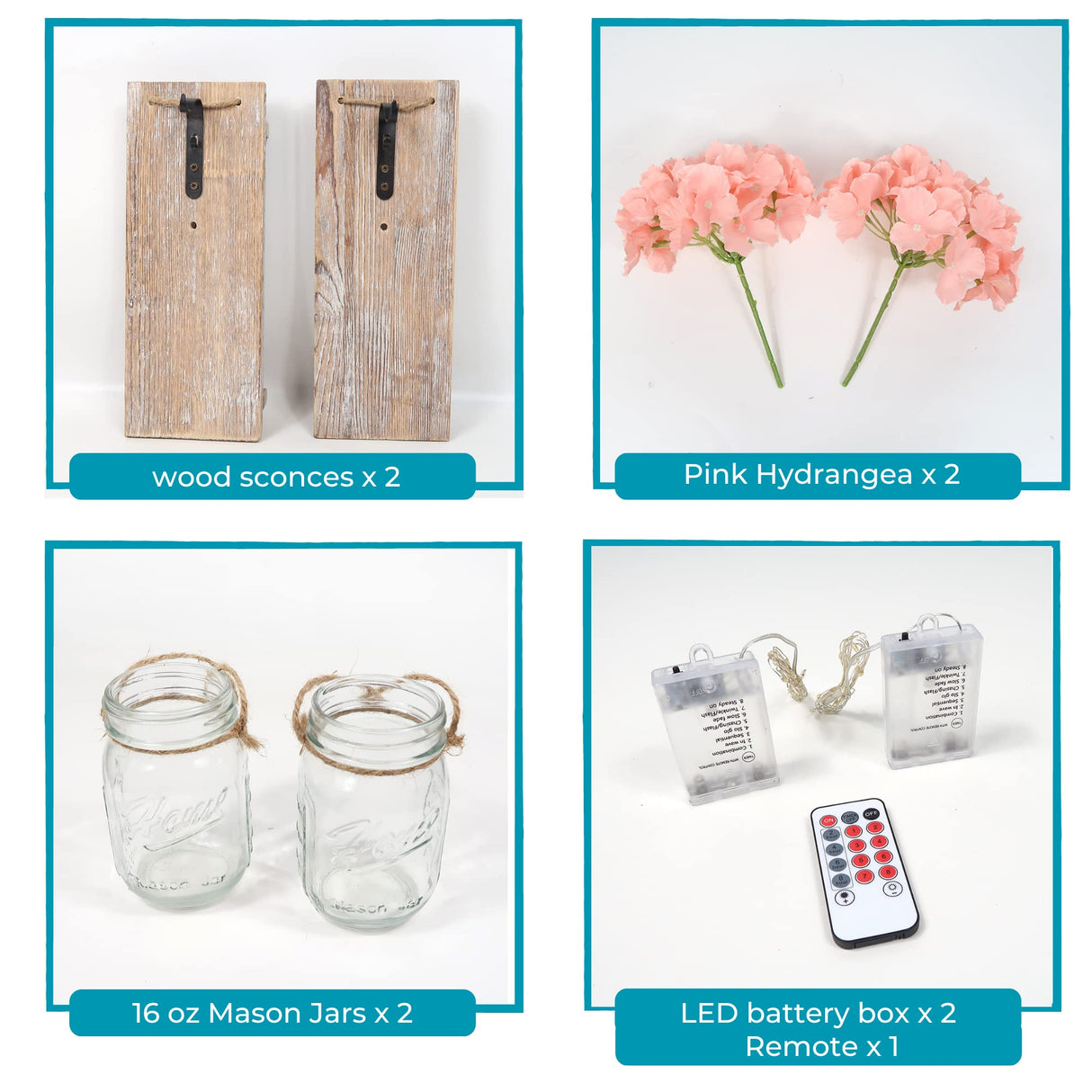 Besuerte Mason Jar Wall Decor Set of 2, Farmhouse Decor Living Room, Hanging Wall Decor with Remote Fairy Light and Rose Eucalyptus Flowers, Country Inspirational Rustic Wall Decor, Rustic Brown Besuerte