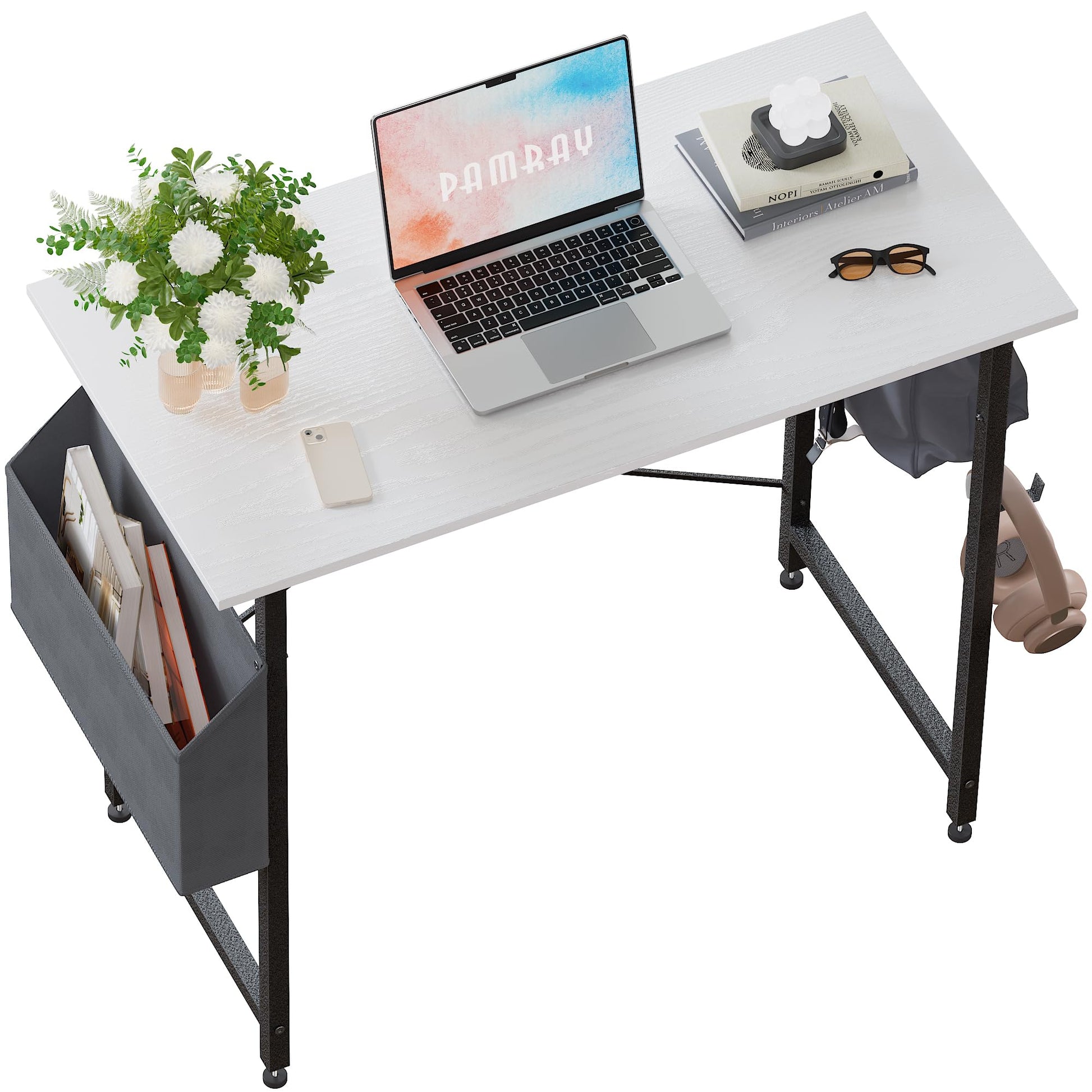 Pamray 32 Inch Computer Desk for Small Spaces with Storage Bag, Home Office Work Desk with Headphone Hook, Small Office Desk Study Writing Table - WoodArtSupply