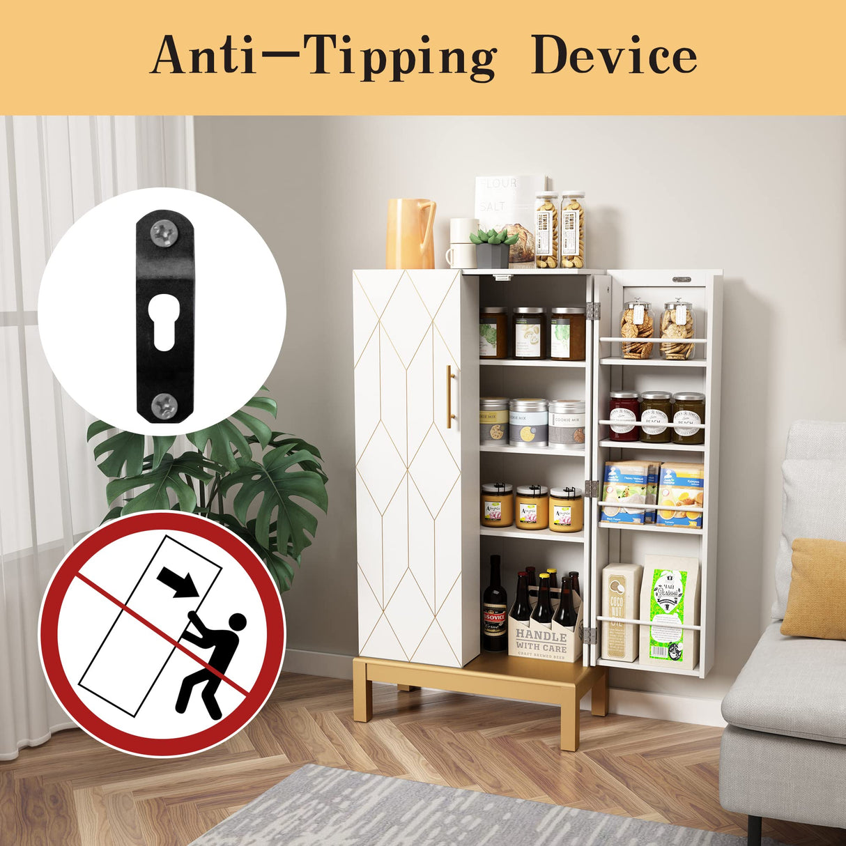 HOLTICO 45'' Storage Cabinet with Doors and Adjustable Shelves,Food Pantry Cabinet for Kitchen,Dining Room,Living Room and Garage,Gold Lines and Legs, White. HOLTICO