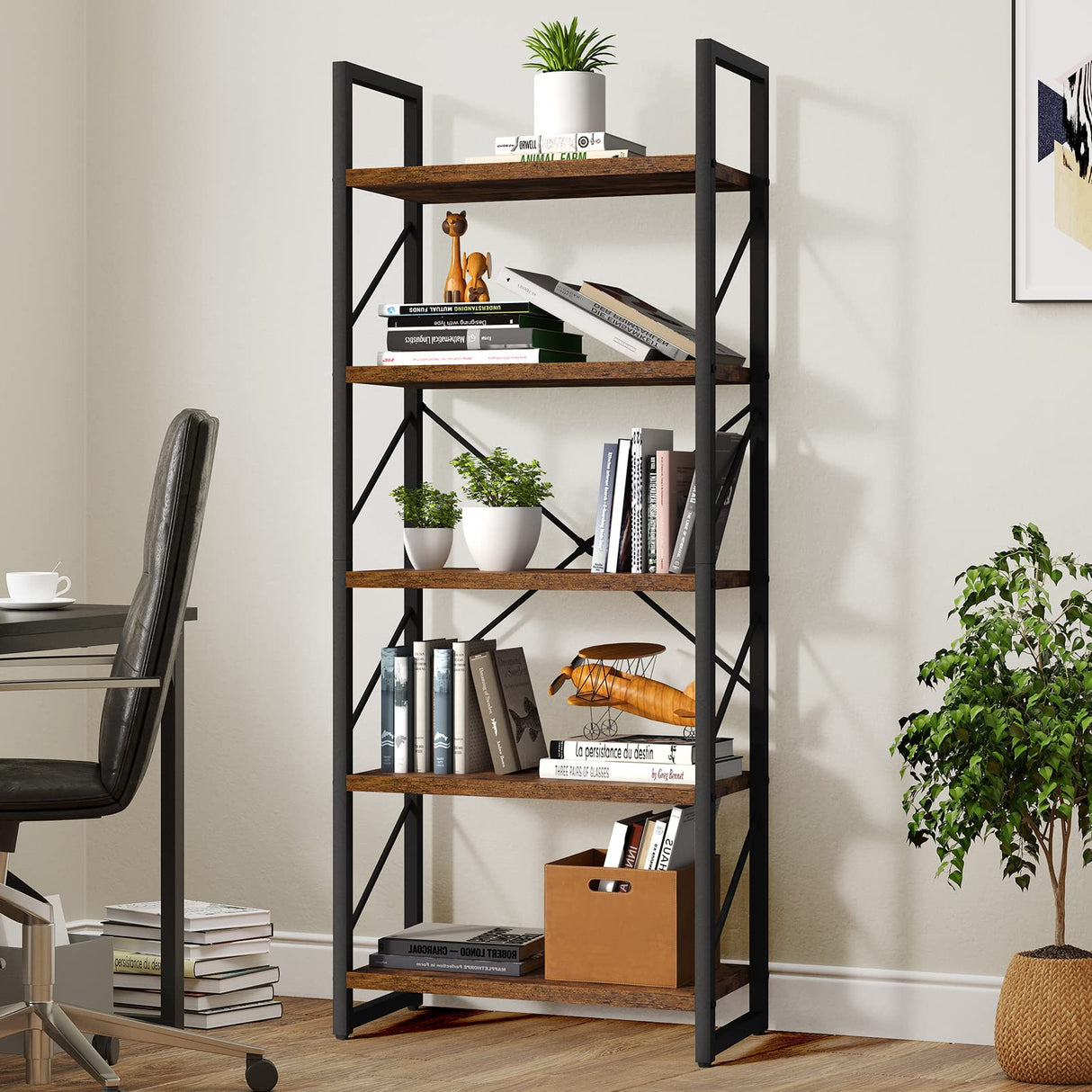 YITAHOME 5-Tier Rustic Brown Bookshelf - Stylish Modern Bookcase & Storage Rack for Home and Office YITAHOME