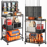 SOYEEZE Large Size Fishing Rod Holders for Garage, 3-Tier Fishing Pole Rack with Pegboard and Hooks, Fishing Gear Tackle Box Organizer Up to 12 Rods, Rolling Fishing Storage Cart with Lockable Wheels SOYEEZE