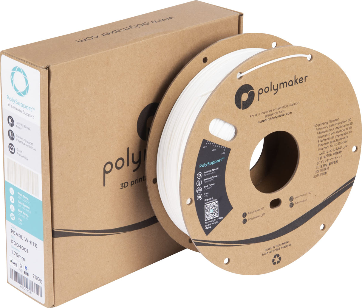 Polymaker Break Away Support Material for 1.75mm PLA Filament, 0.75kg Spool - PolySupport 3D Printer Support Filament Easy Support Removal POLYMAKER