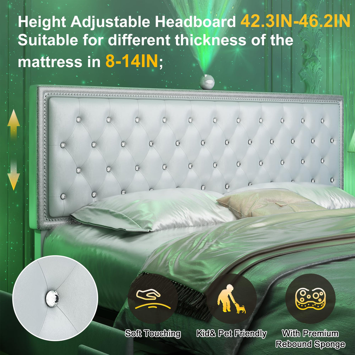 GEGOFORU Queen led Bed Frame with 4 Drawers，Galaxy Projector Adjustable Upholstered Headboard Diamond Bed Frame with Charger Music Speaker, No Box Spring Needed, Wooden Slats Support, PU White GEGOFORU