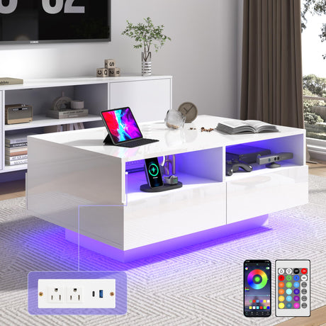 St.Mandyu LED Coffee Table with Storage Drawers,Modern High Glossy Center Table with 20 Colors LED Lights for Living Room (White) St.Mandyu