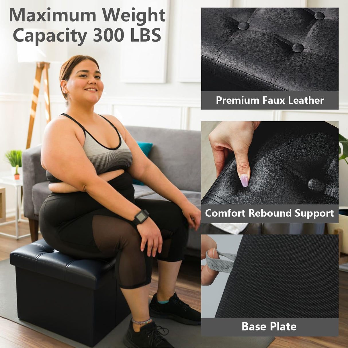 AmasSmile Storage Ottoman Folding Foot Rest Stool, Leather Footstool Bench, Short Ottoman Stool, Storage Foot Rest Store, Books (Black, 13" D x 17" W x 13" H) AmasSmile