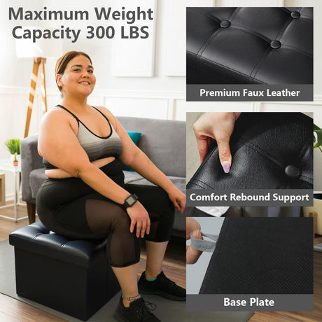AmasSmile Storage Ottoman Folding Foot Rest Stool, Leather Footstool Bench, Short Ottoman Stool, Storage Foot Rest Store, Books (Black, 13" D x 17" W x 13" H) AmasSmile