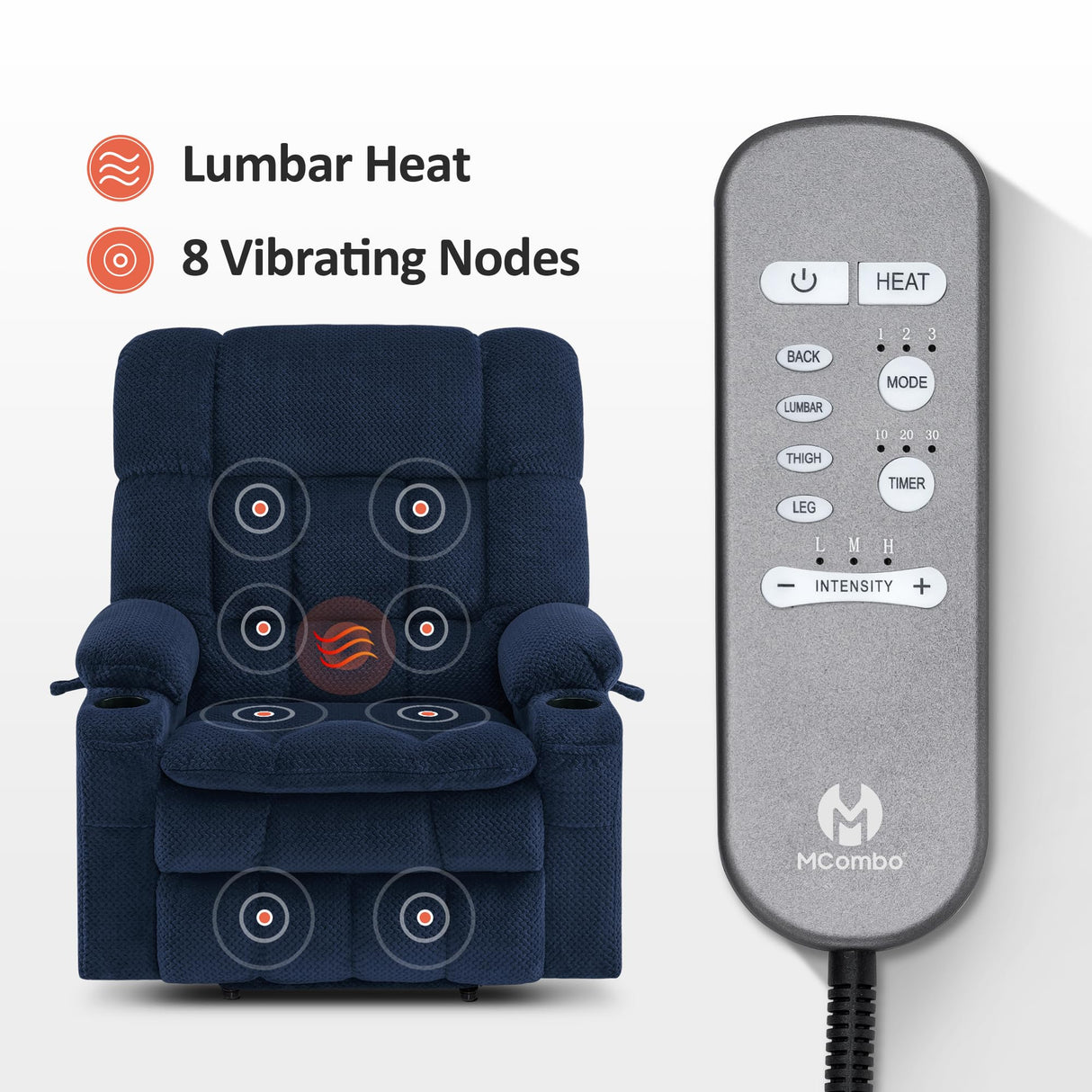 MCombo Oversized Power Lift Recliner Chair for Elderly, Dual Motor Lift Chair with Heat and Massage, Lay Flat Lift Chair for Big and Tall, Cup Holders, Fabric R7891 (Oversize, Navy Blue) MCombo