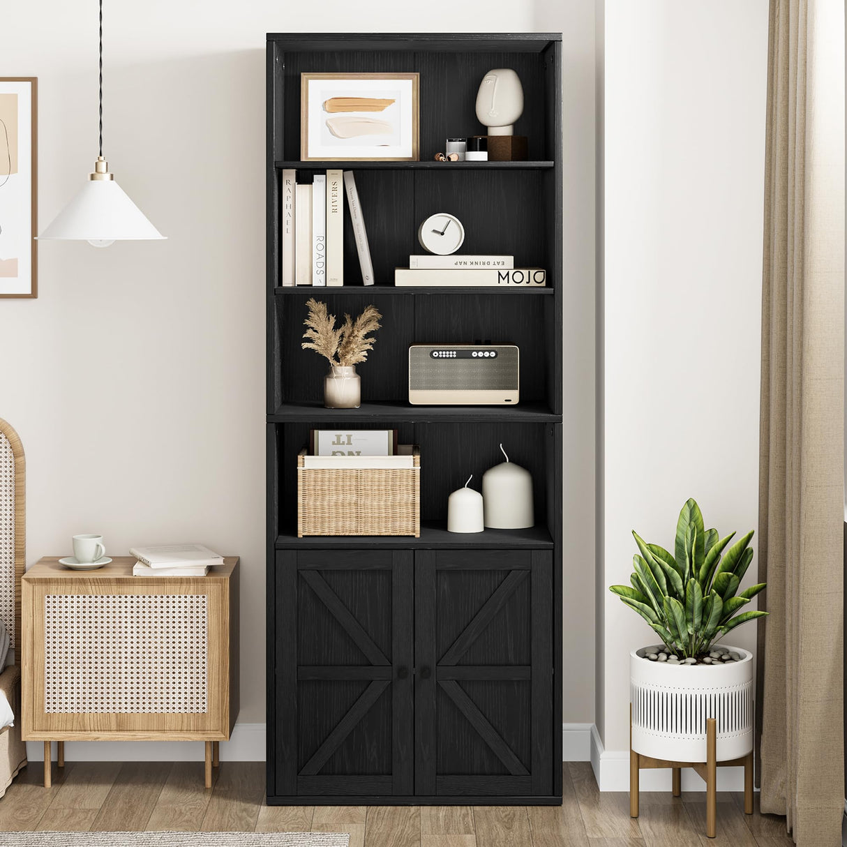 GarveeHome Farmhouse Bookcase with Doors 11.8in Depth Display Storage Shelves 71.4in Tall Industrial Bookshelf Wooden 6 Shelf Bookshelves for Bedroom, Living Room, Home Office (Black) GarveeHome
