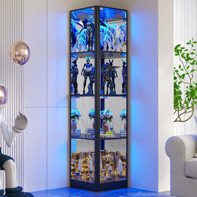 Display Cabinet with Glass Doors, 68" Corner Curio Cabinets with LED Lights, 4-Tier Glass Display Case for Collectibles/Toys/Books, Mirrored Storage Cabinet, Black