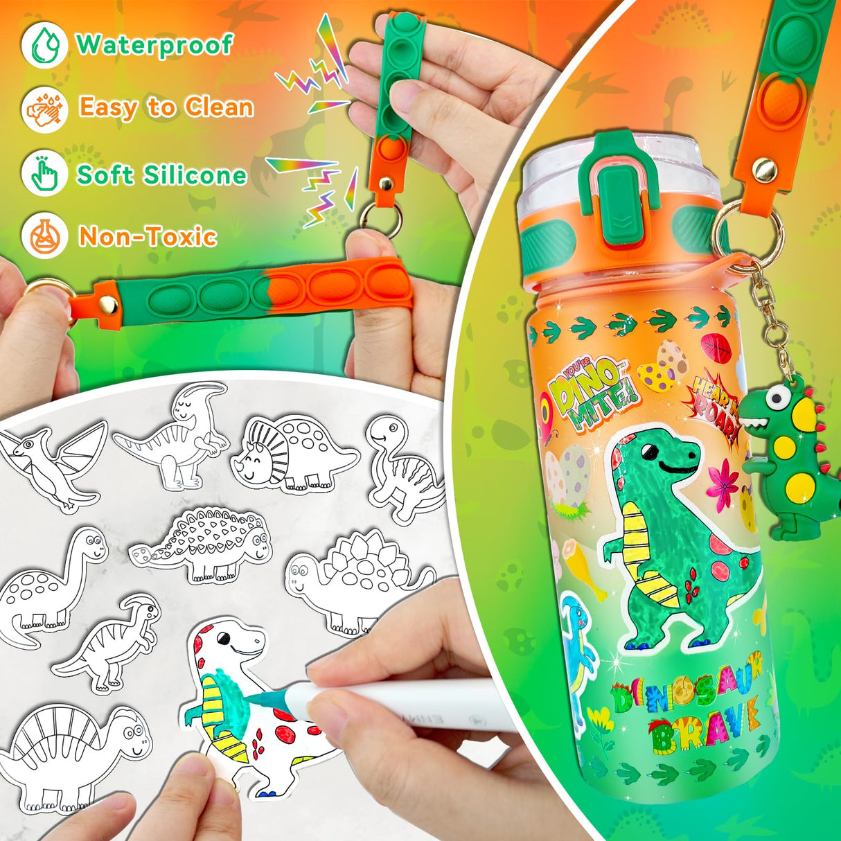 EDSPORTSHOUSE Decorate Your Own Water Bottle Kits for Boys Age 5-12,Dinosaur Painting Crafts,Fun Arts and Crafts Toys for Boys Birthday Christmas(Dinosaur) EDSPORTSHOUSE