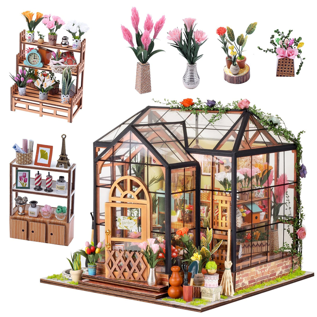 OZJAY DIY Miniature House Kit, Mini House Building Kit with LED, DIY Wooden Dollhouse Miniature Kit for Adults Teen, Wooden Crafts Lovely Dollhouse Kit, Jenny Greenhouse OZJAY