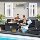 RADIATA 9 Piece Wicker Patio Furniture Set with Fire Pit, All-Weather Outdoor Sectional Couch High Back Large Size, Modular Backyard Seating Sofa Set with Propane/Natural Gas Firepit Table, Grey&Black RADIATA