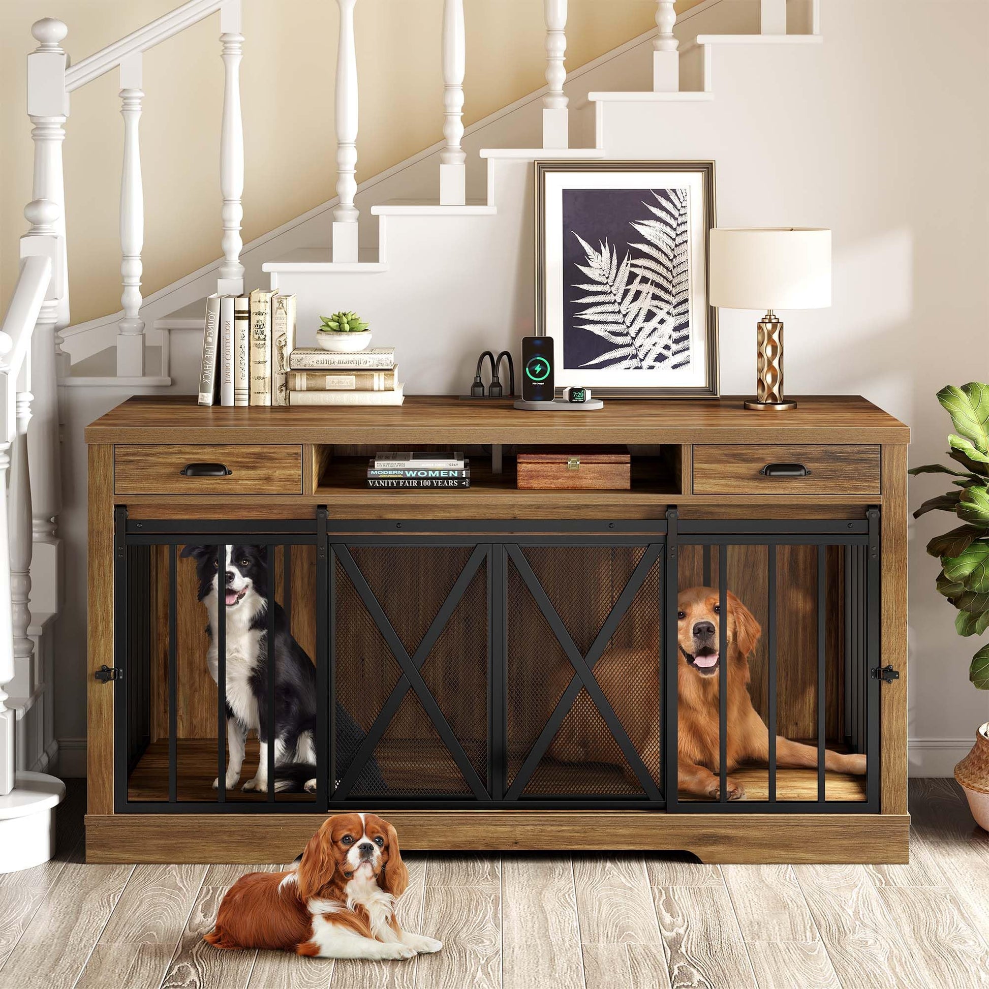 YITAHOME 63 Inch Double Dog Crate TV Stand with Charging Station, Heavy Duty Wooden Dog Crate Furniture for 2 Dogs, Dog Kennel Indoor Furniture Double Sliding Barn Door Design Ideal for 2 Dog - WoodArtSupply