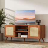 DIYART Brown Rattan TV Stand for 60 Inch TV, Wooden Mid Century Modern Entertainment Center with Natural Rattan Door, Boho Media TV Console for Living Room DIYART