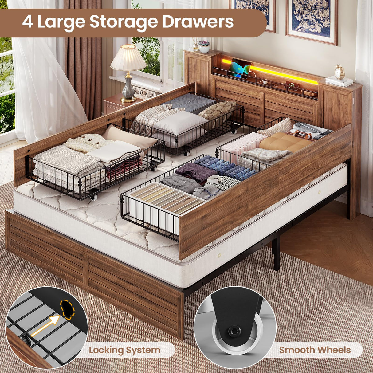 VIAGDO Farmhouse Queen Bed Frame with Headboard and Double Barn Door Storage Cabinets, Rustic Wooden Bed Frame Queen Size with Charging Station, 4 Drawers and LED Lights, No Box Spring Needed, Brown VIAGDO