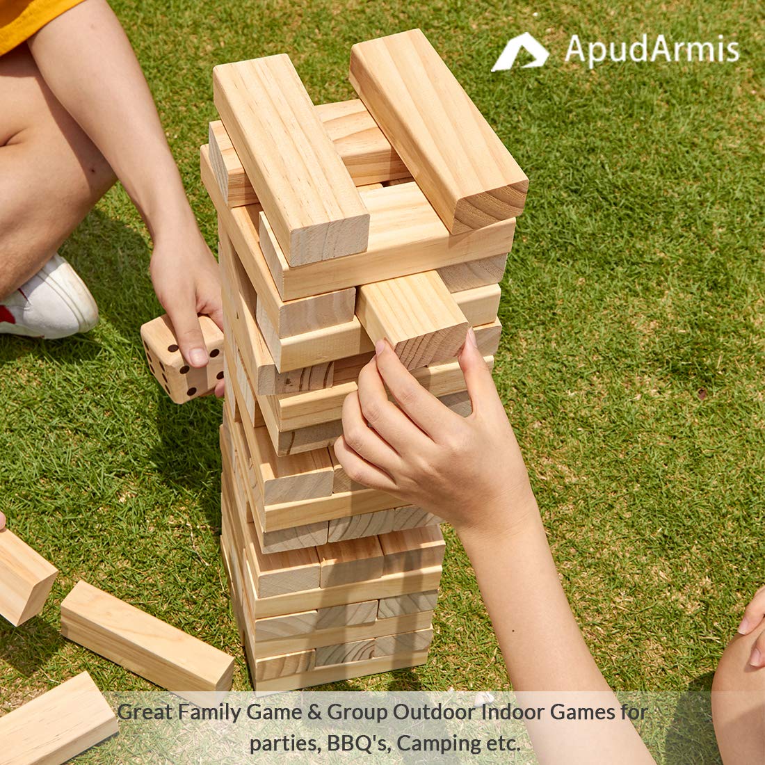 ApudArmis Giant Tumble Tower (Stack from 2Ft to Over 4.2Ft), 54 PCS Pine Wooden Stacking Timber Game with 1 Dice Set - Classic Block Giant Outdoor Game for Teens Adults Family ApudArmis