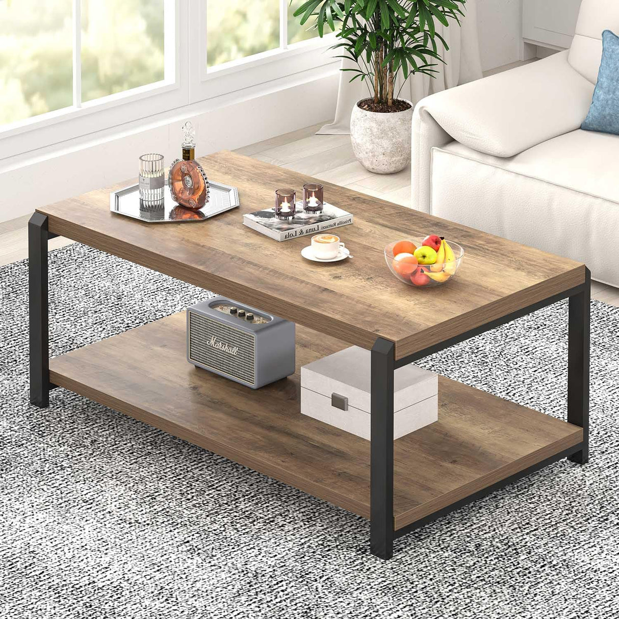 EXCEFUR Modern Coffee Table, Rustic Wood and Metal Center Table for Living Room, Industrial Rectangle Cocktail Tea Table with Storage, Oak EXCEFUR