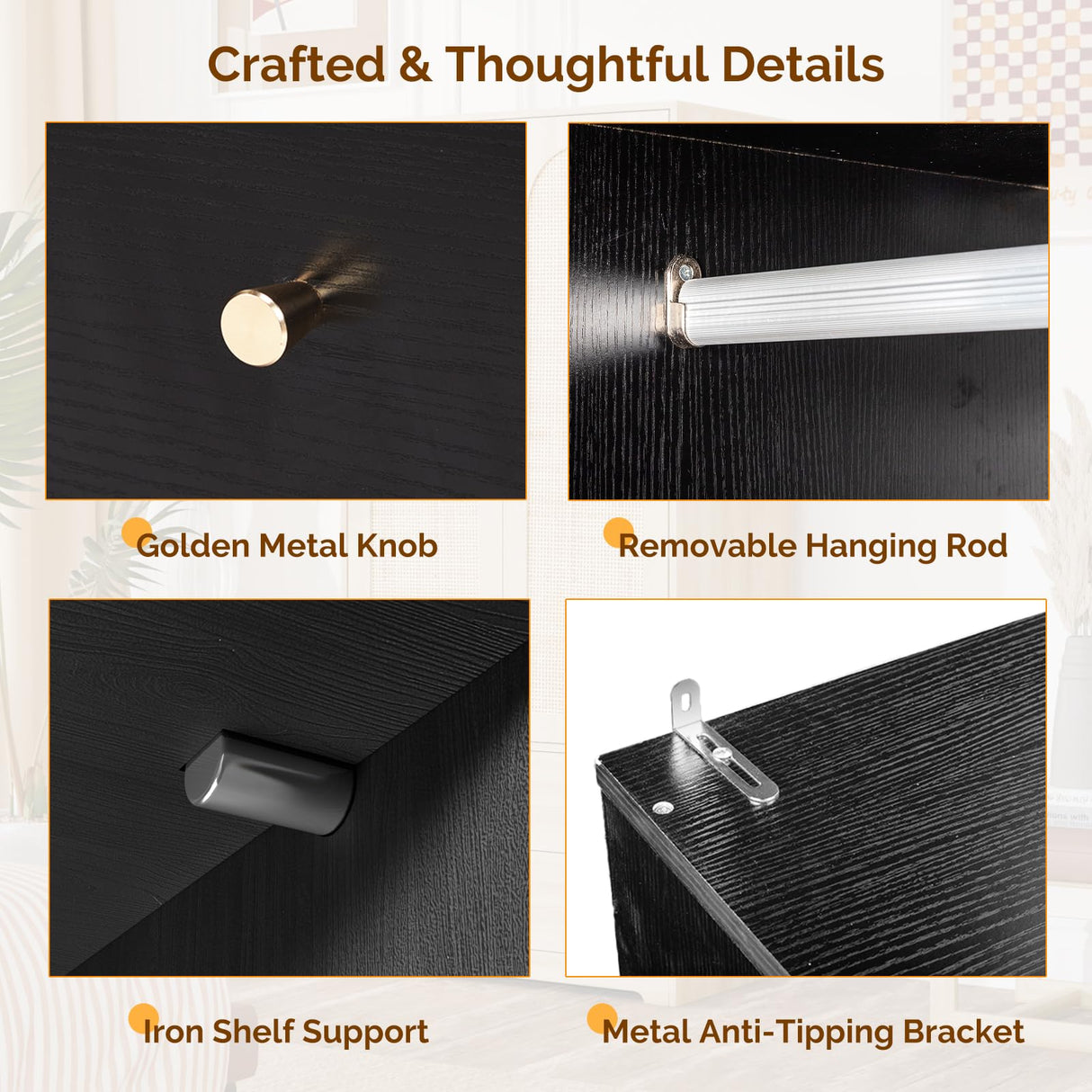 VINGLI Wardrobe Closet with Doors, Rattan Armoire Closet with Drawers & Hanging Rod, Armoire with Shelves, Wooden Wardrobe for Hanging Clothes, Black, 68.9" H VINGLI