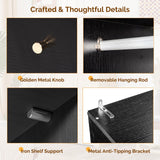 VINGLI Wardrobe Closet with Doors, Rattan Armoire Closet with Drawers & Hanging Rod, Armoire with Shelves, Wooden Wardrobe for Hanging Clothes, Black, 68.9" H VINGLI