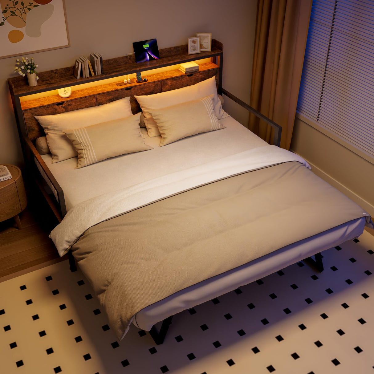 Betterhood Daybed with Trundle, Twin to King Bed Daybed Trundle Bed, Heavy Duty Metal Bed Frame with Storage Headboard & Charging Station, Day Bed Frame for Living Room Bedroom Guest Room Betterhood