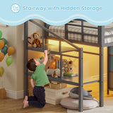 VIAGDO Low Loft Bed Twin Size with 9 Storage Drawers and LED Lights, Metal Twin Loft Bed with Stairway Shelf Storage, Low Loft Bed with Safety Guardrail and Under-Bed Hideaway for Kids, Grey VIAGDO