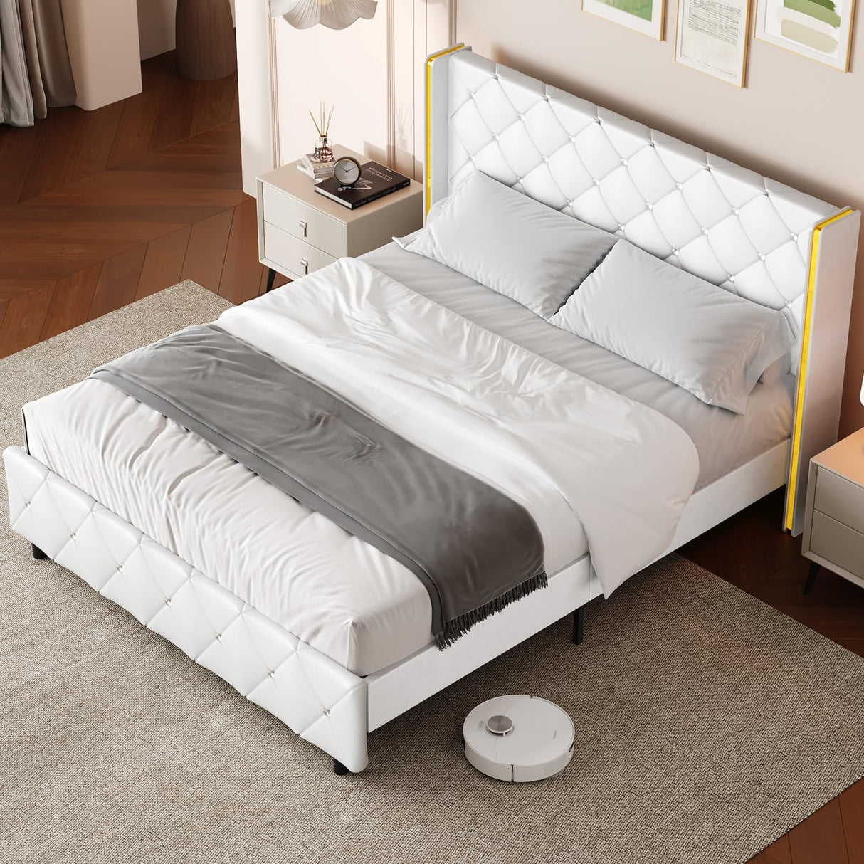 Full Bed Frame with Headboard, PU Leather Platform Bed with Wingback, Modern Bed Frame with Diamond Tufted, No Box Spring Needed, Easy Assembly, White HOMBCK
