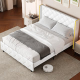 Full Bed Frame with Headboard, PU Leather Platform Bed with Wingback, Modern Bed Frame with Diamond Tufted, No Box Spring Needed, Easy Assembly, White HOMBCK