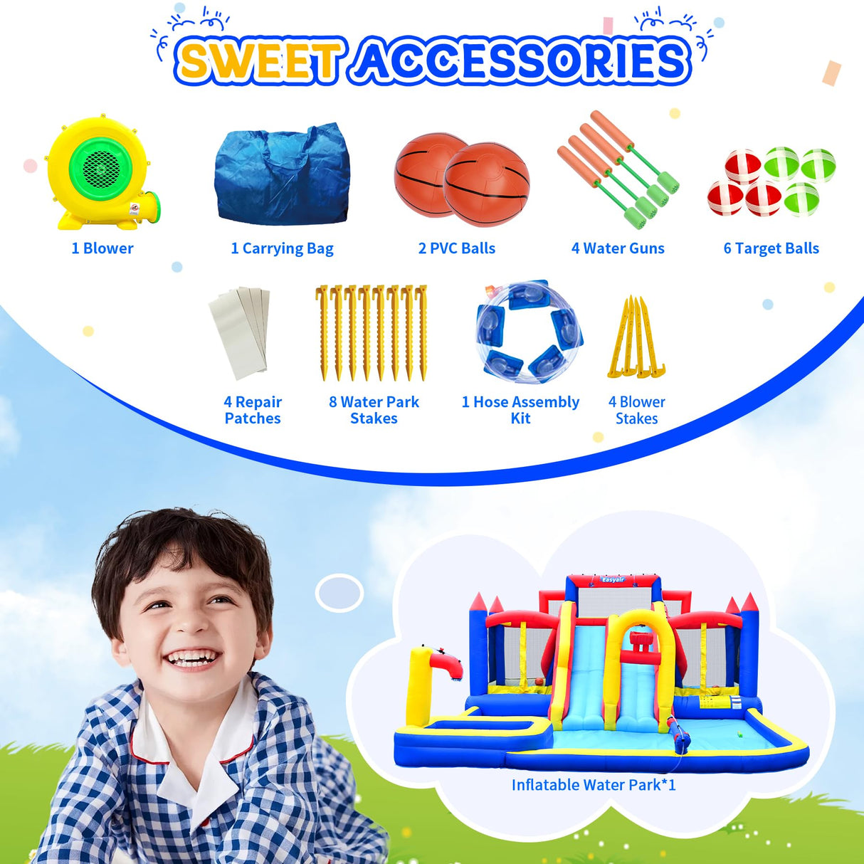 Easyair Deluxe Large Inflatable Water Slide for Big Kids, 20.5 ft L x 16.4 ft W x 7.6 ft H Water Bounce House, Outdoor Blow Up Pool, Climbing Wall, Basketball Hoop, Throw Ball Game, with 950W Blower EASYAIR