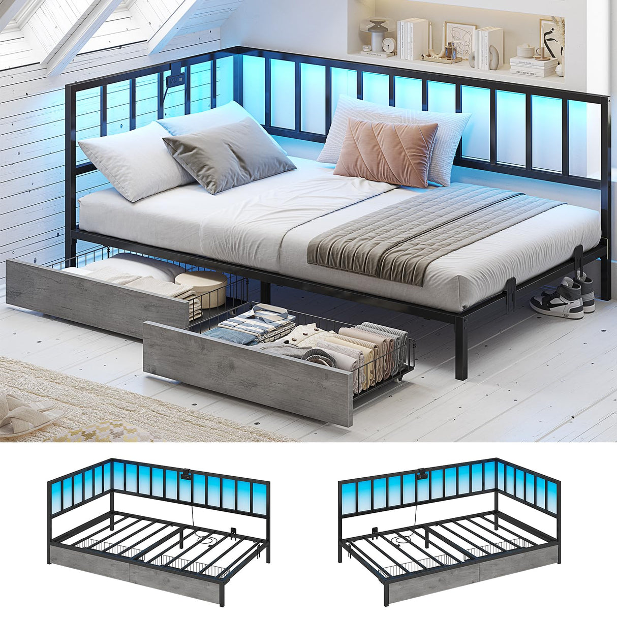 Hasuit Twin Corner Bed Frame with Storage Drawers, Twin Size Bed with Fence, Teenagers/Kids Bed Unit with Charging Station and LED Light, Black Modern Daybed Reversible Left or Right Hasuit