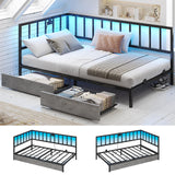 Hasuit Twin Corner Bed Frame with Storage Drawers, Twin Size Bed with Fence, Teenagers/Kids Bed Unit with Charging Station and LED Light, Black Modern Daybed Reversible Left or Right Hasuit