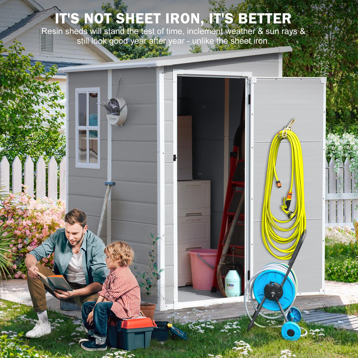 CDCASA 5x4 FT Storage Shed, Waterproof Resin Outdoor Storage Shed with Floor & Window & Lockable Door, Tool Shed for Garden Patio, Backyard,Lawn, All Weather Use, Light Gray CDCASA