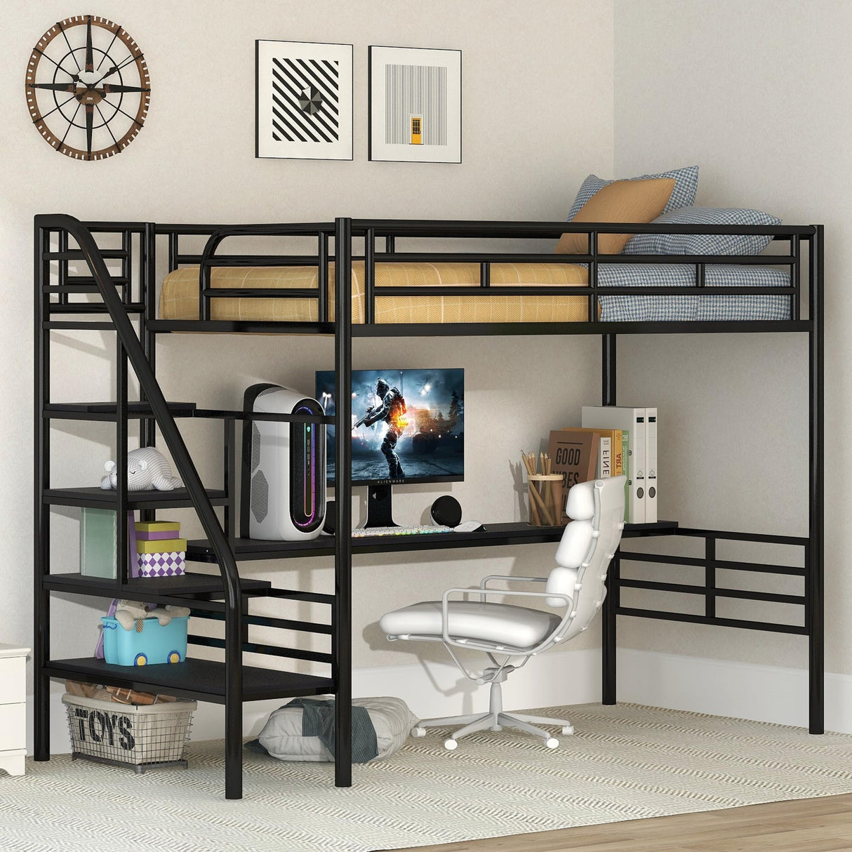Twin Loft Bed with Desk and Storage Stairs, Heavy Duty Metal Loft Bed with Stairs and Full-Length Guardrail, Twin Loft Bed with Slats No Box Spring Needed(Twin Loft Bed Black) Bellemave