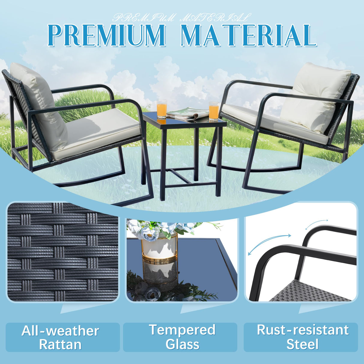 Flamaker Patio Chairs 3 Piece Wicker Rocking Chair Outdoor Bistro Sets with Coffee Table and Cushions Metal Frame Patio Furniture for Porch, Balcony, Lawn (White) Flamaker