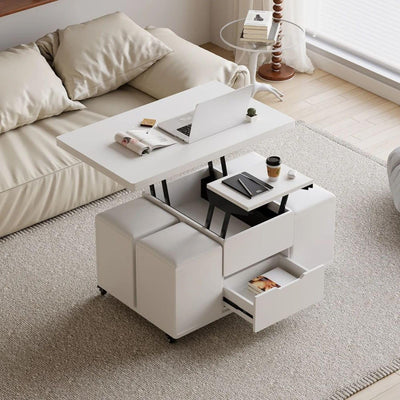 homary White Lift Top Coffee Table with Hidden Storage, 3 in 1 Multi-Function Modern Folding Center Table with 4 Stools and Casters