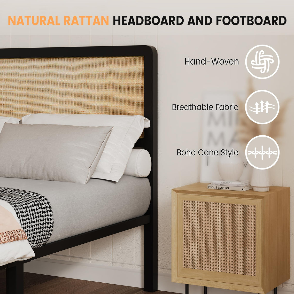 GarveeHome Queen Rattan Platform Bed Frame, Queen Size Bed Frame with Natural Rattan Headboard and Footboard, Metal Bed Frame with Under Bed Storage and Strong Slats Support, No Box Spring Needed GarveeHome