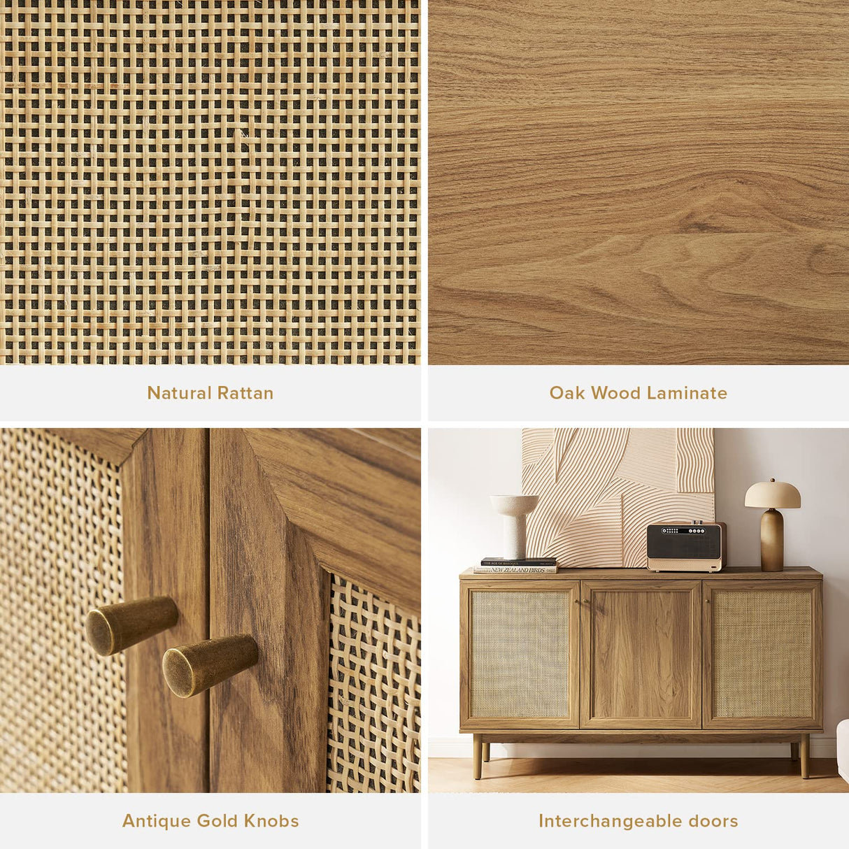 mopio Haylee Sideboard, Modern Farmhouse Boho Accent Buffet Storage Cabinet, Natural Rattan Doors, Console Table, Credenza, Media Cabinet, Adjustable Shelves for Kitchen, Coffee Bar, Living Room, Oak mopio