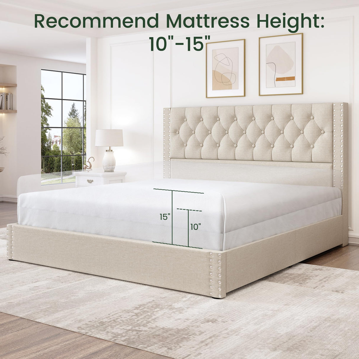 LARMACE King Size Bed Frame with 4 Storage Drawers and Tufted Headboard Linen Upholstered Platform Bed Frame with Heavy Duty Wood Slats, No Box Spring Needed, Easy Assembly, Beige LARMACE