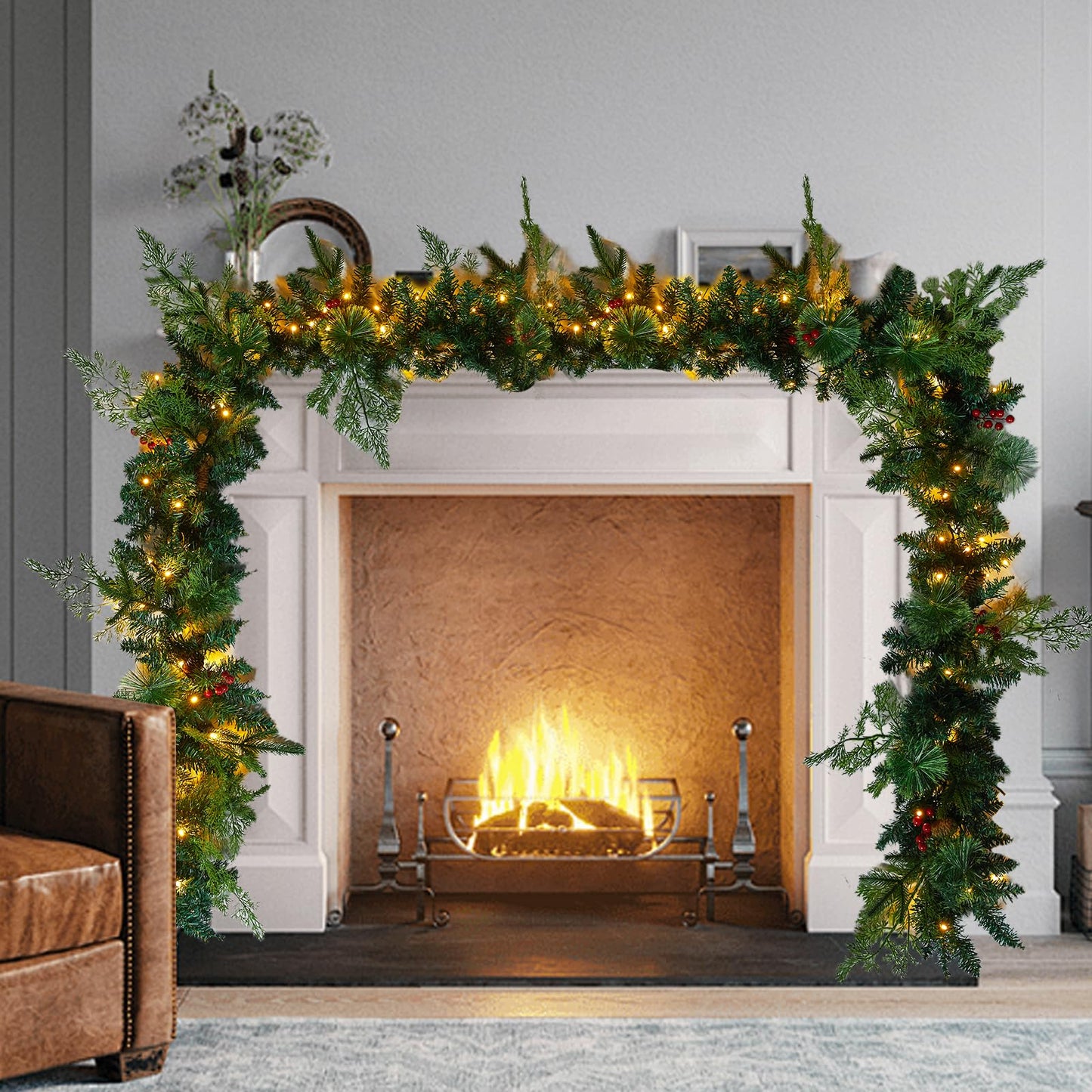 9 Ft Christmas Garland with Lights - Realistic Prelit Christmas Garland with Pine Cones Red Berries Xmas Garland for Fireplace Railing Door Home Christmas Decorations Indoor (Battery NOT Included)