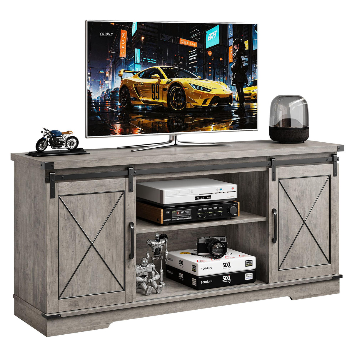 CABIHOME Farmhouse TV Stand and Entertainment Center for TV Up to 65 Inches with Sliding Barn Doors and Adjustable Shelf, TV Media Storage Console Table and Furniture for Living Room, Bedroom, Grey CABIHOME