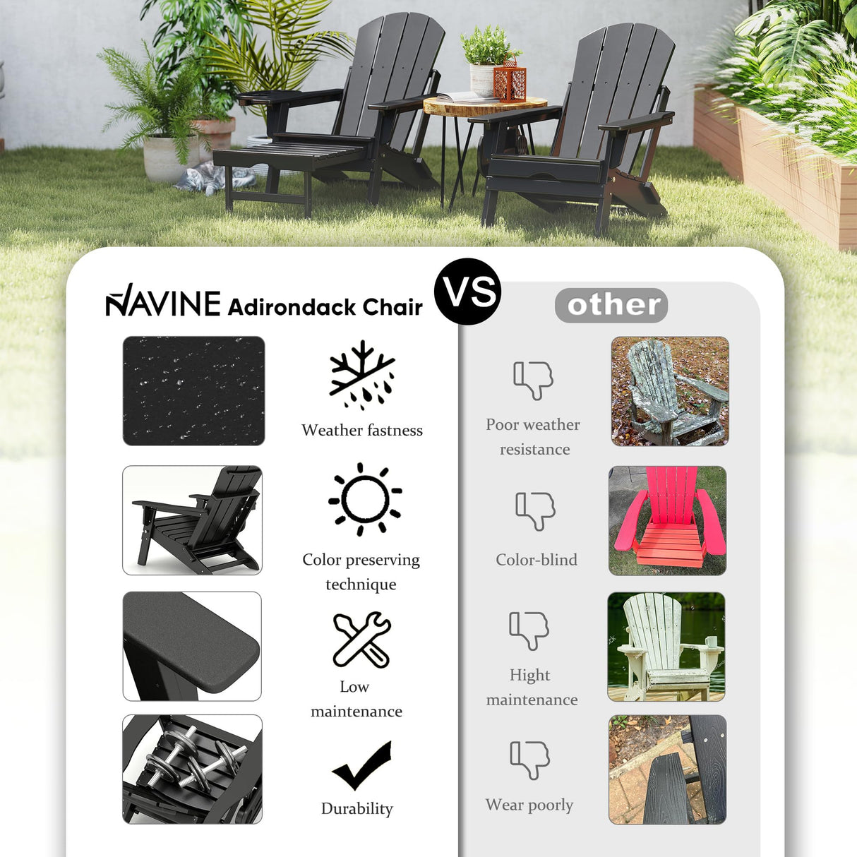 NAVINE Adjustable Adirondack Chair Set of 2 with Ottoman, Folding Adirondack Chair, HDPE Adirondack Chair with Multifunctional Cup Holder Trays for Deck, Terrace, Patio, Poolside, Fire Pit. NAVINE