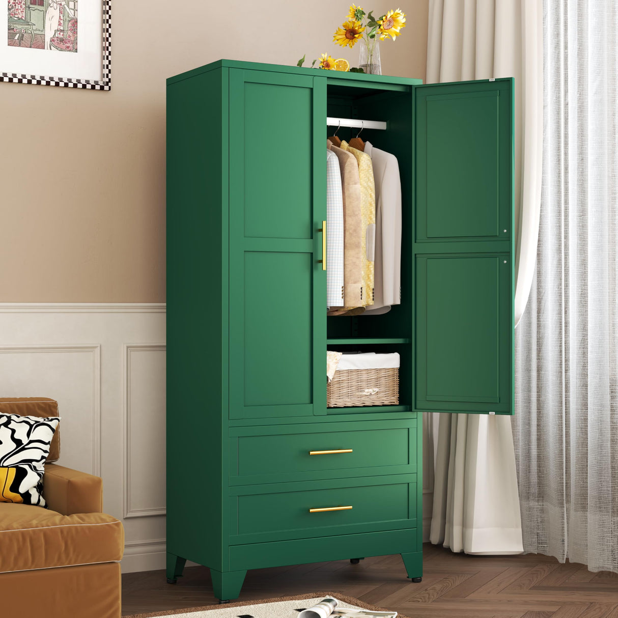 Metal Wardrobe Closet with 2 Doors & 2 Drawers, 71" Tall Armoire Wardrobe Closet with Hanging Rods and Adjustable Shelf, Steel Wardrobe Storage Cabinet for Bedroom-Green winiowa