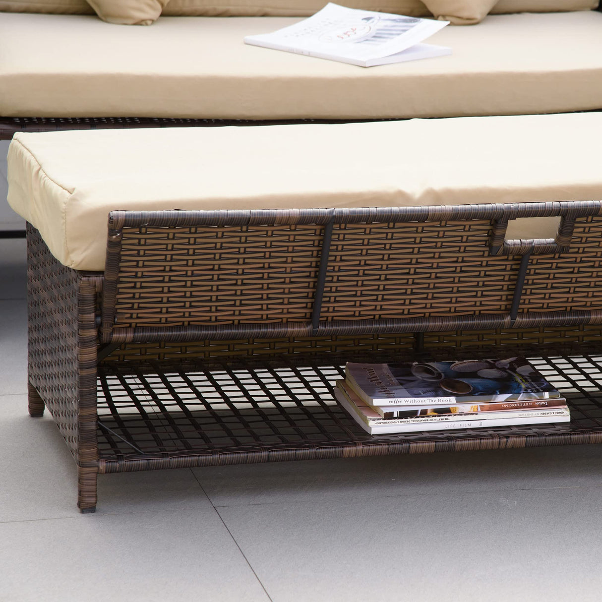 Outsunny Patio Rattan Daybed with Cushions, Wicker Outdoor Bed Lounger w/Loveseat, Storage Ottoman, Coffee & Side Tables, for Poolside, Porch, Backyard, Beige Outsunny