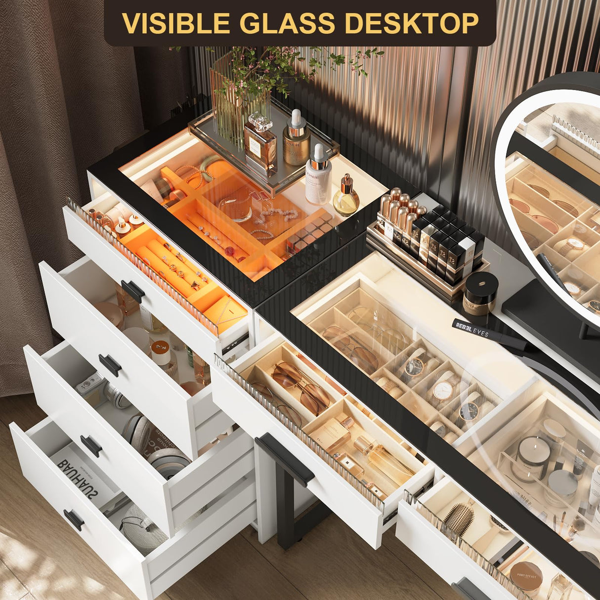 BROTTAR Vanity Desk with Mirror and Lights, 49" Modern Makeup Vanity with Charging Station, 6 Drawers & Divided Organizers, Glass Top Dressing Table for Women Girls Bedroom, White (Chair not Include) BROTTAR