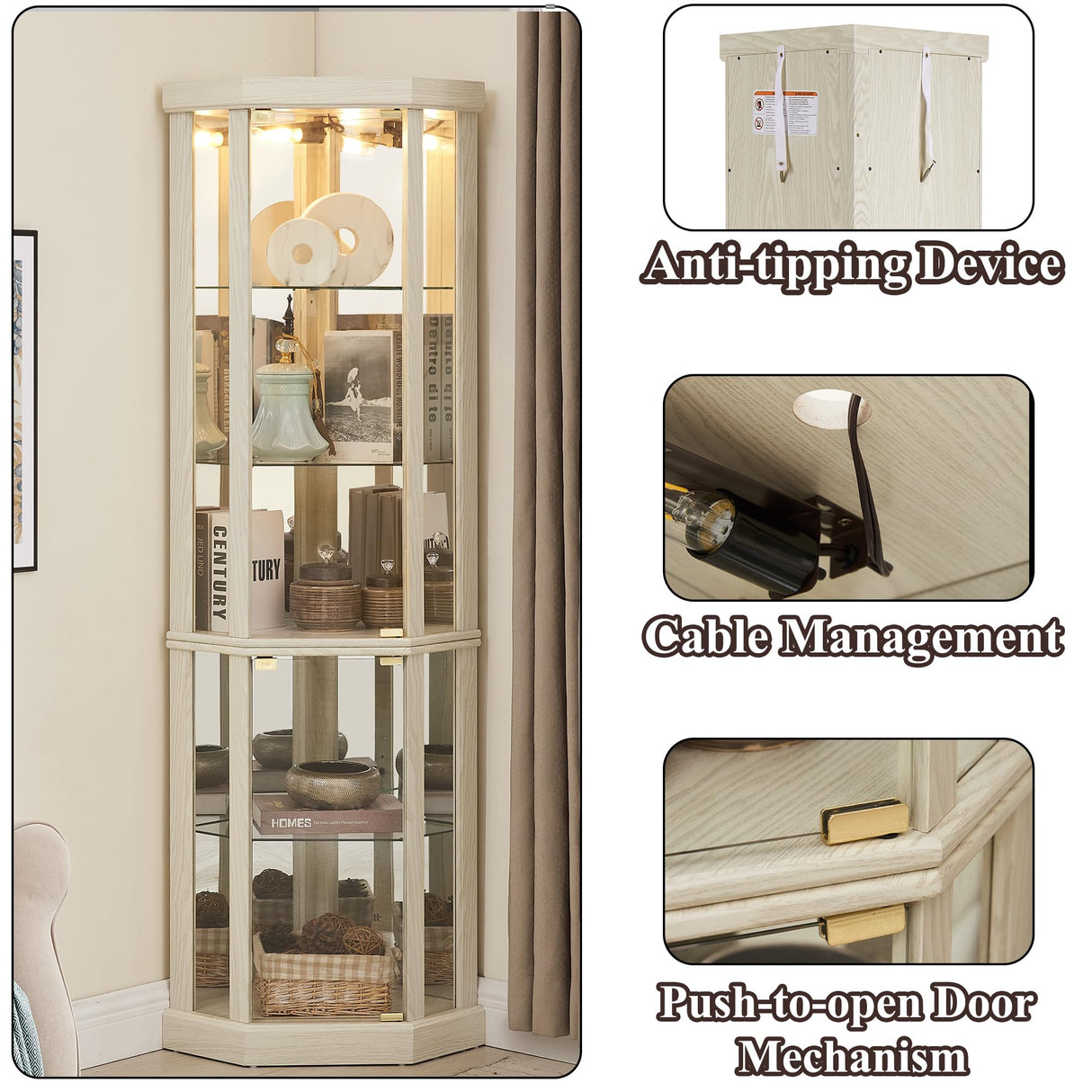 nifoti 69" H Lighted Curio Cabinet Corner Display Case,Corner Glass Cabinet with Tempered Glass Door and Adjustable Shelves,Wooden Corner Curio Cabinet with Mirrored Back Pane(Style 1 - Antique White) nifoti