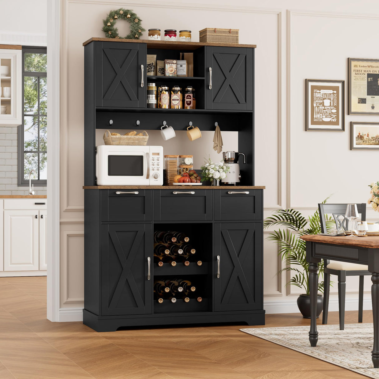 HIFIT 72" Large Kitchen Pantry Storage Cabinet with Barn Doors & Shelves, Farmhouse Tall Kitchen Hutch Wood Bar Cabinet w/3 Drawers, Microwave Stand, Cupboard Wine Rack for Dining Room, Pantry, Black HIFIT