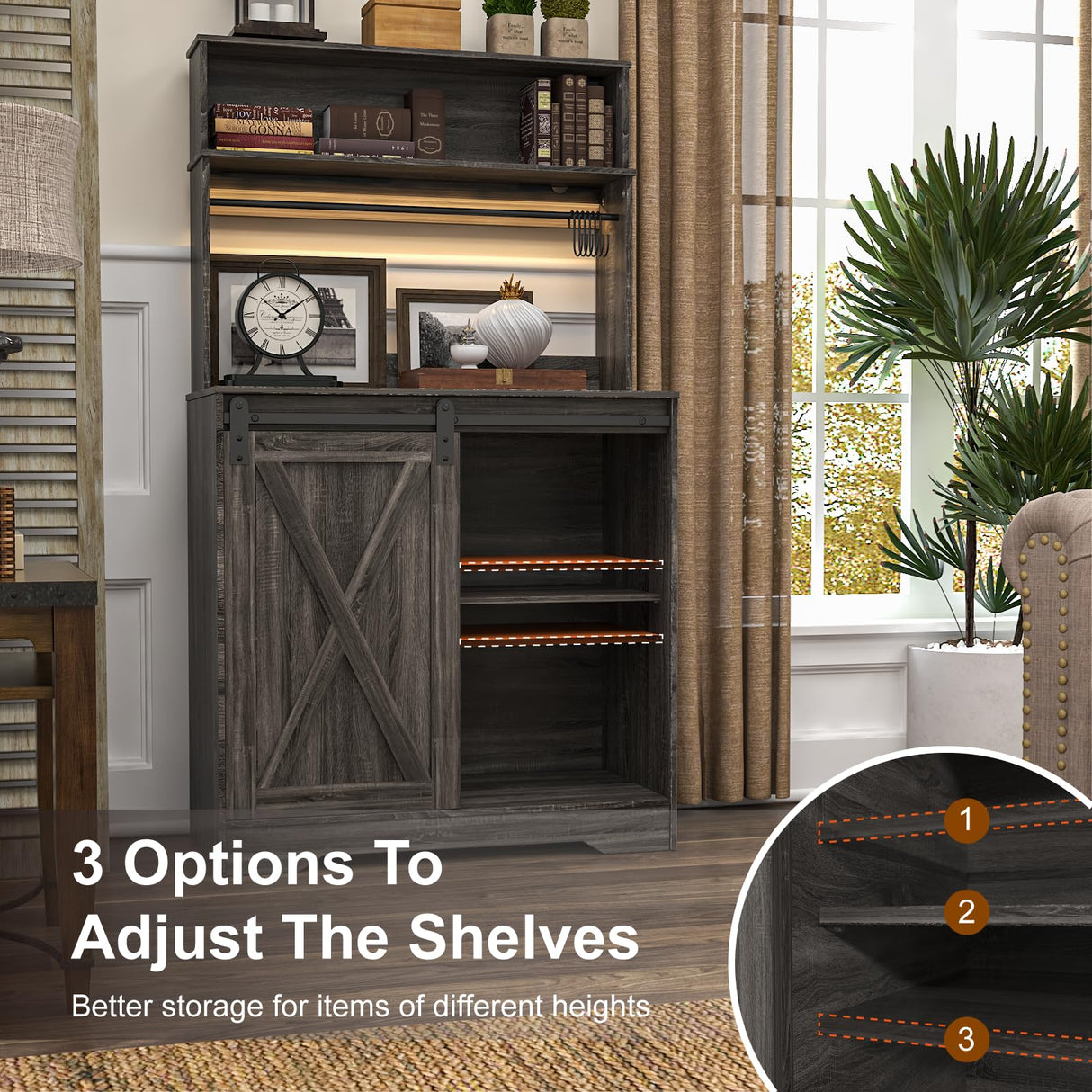 Linkriseed Farmhouse Coffee Bar Cabinet with LED Light, 55 Inch Bakers Rack with Storage, Large Coffee Bar Hutch with 6 Hooks and Sliding Barn Door for Living Dining Room, Dark Gray Linkriseed